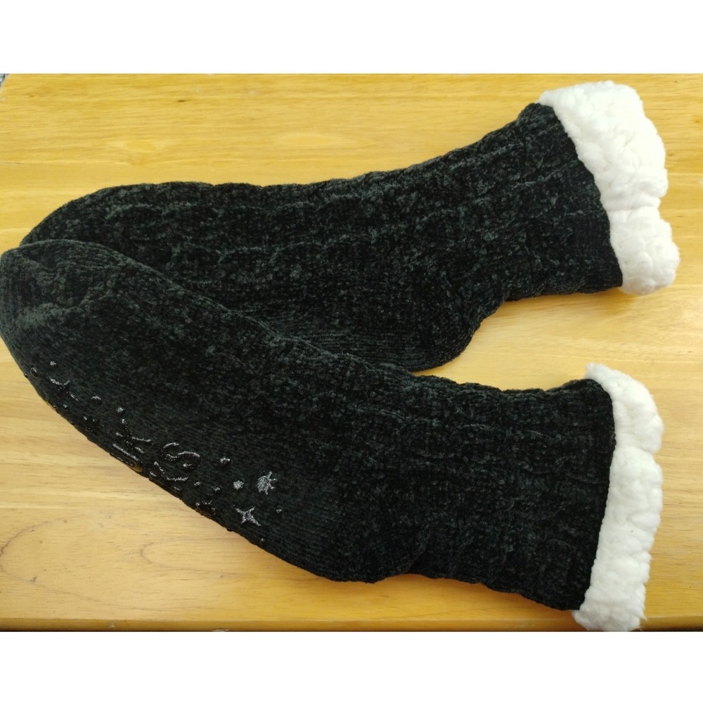 Muk‎ Luks Slipper Socks Womens Cozy Chenille Black White Sherpa Trim Sparkle